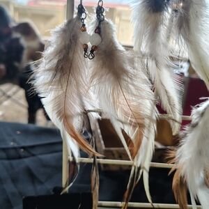 Boho Feather Drop Earrings in Brown and Cream